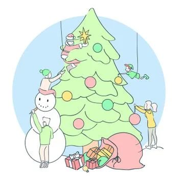Linear Christmas card. Teamwork decorating Christmas tree. Minimalistic design Stock Illustration