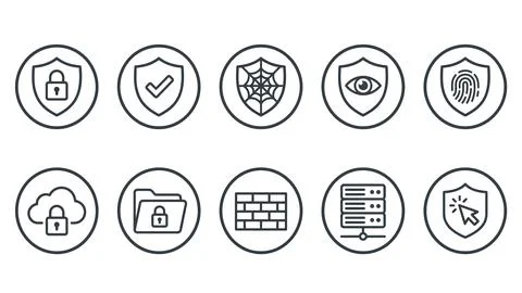 Linear circle security icon set for web and mobile UI. Stock Illustration