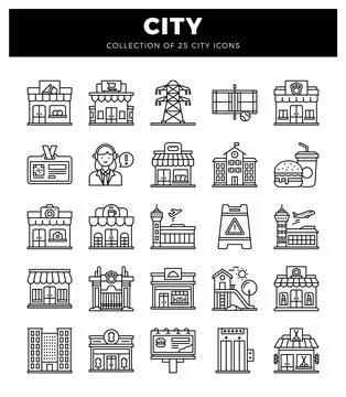 A linear city icons featuring various urban buildings and elements. present.. Stock Illustration