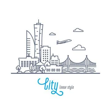 Linear Cityscape with bridge and flying airplane. Outline style vector Stock Illustration