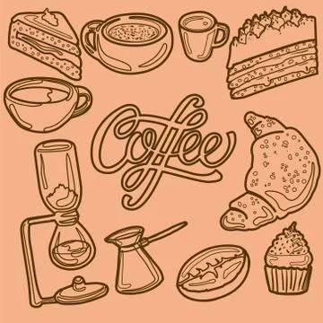 Linear coffee shop poster with common baked desserts. Stock Illustration