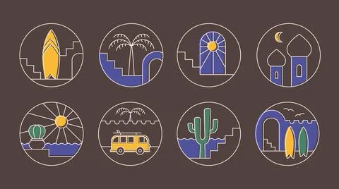 Linear color abstract surf badges. Minimalist summer camp vibe, sun, sand Illustrazione stock