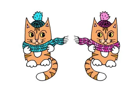 Linear color graphic drawing of two ginger cats in knitted pink and blue hats Illustrazione stock
