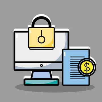 Linear computer screen with document and coin money 스톡 일러스트