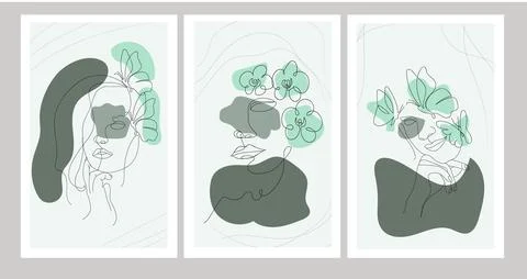 Linear contours of female faces Stock Illustration