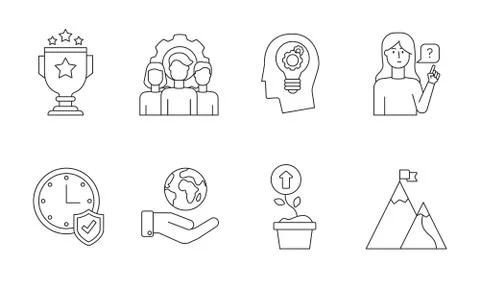 Linear Core values icon set of eight icons isolated on white. Stock Illustration