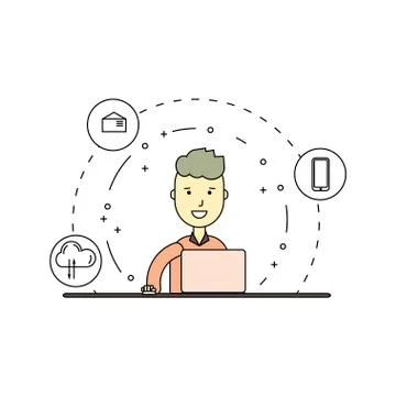 Linear cute and happy man with laptop Stock Illustration