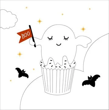 Linear cute childish halloween ghost cupcake on a plate, creepy scary food. C Stock Illustration