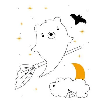 Linear cute kids ghost bear flying on a broom in the sky with stars, cloud an Stock Illustration