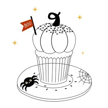 Linear cute sweet pumpkin cupcake for halloween with little spider, clouds an Stock Illustration