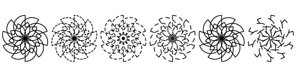Linear dashed mandala collection, circular geometric line art, abstract orn.. Ilustración de archivo