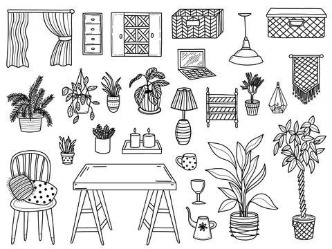 Linear design of various home decor items Stock Illustration