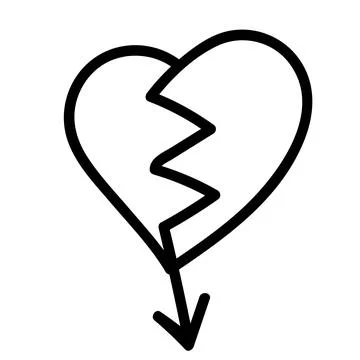 Linear doodle arrow with broken heart. Love pointer, trajectory, like. Vector Illustrazione stock