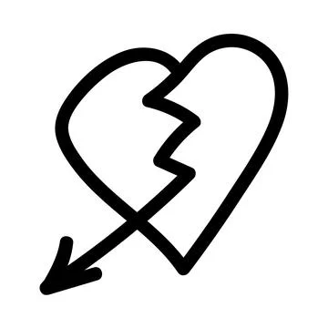 Linear doodle arrow with broken heart. Love pointer, trajectory, like. Vector Stock Illustration