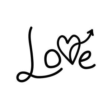 Linear doodle arrow with heart and Lettering handwriting Love. Pointer love,  Stock Illustration