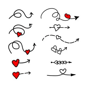 Linear doodle arrow with red heart. Love pointer, trajectory, like. Vector de Illustrazione stock