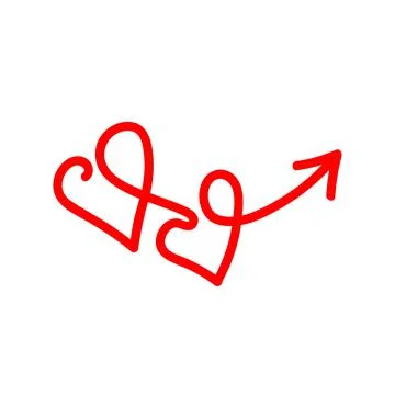 Linear doodle red arrow with heart. Love pointer, trajectory, like. Vector de Illustrazione stock