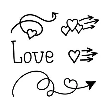 Linear doodle set love, arrow with heart and Lettering handwriting Love. Poin Stock Illustration