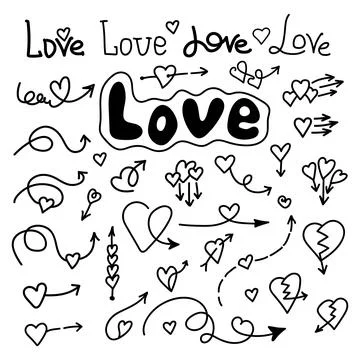 Linear doodle set love, arrow with heart and Lettering handwriting Love. Poin Stock Illustration