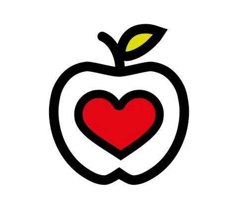 Linear drawing of an apple with green leaf and a heart inside Stock Illustration
