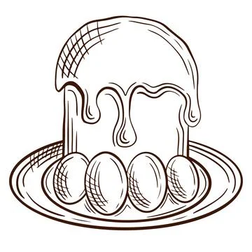 A linear drawing of a Easter bread with dripping icing and Easter eggs on a p Stock Illustration