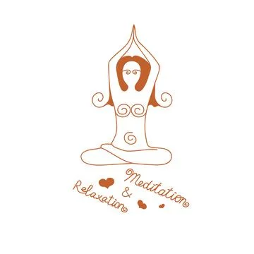 Linear drawing of female silhouette practicing yoga with the word meditation and Stock Illustration
