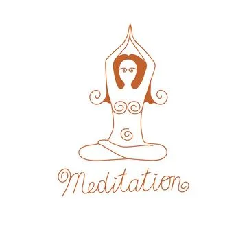 Linear drawing of female silhouette practicing yoga with the word meditation Stock Illustration
