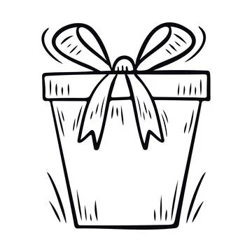 Linear drawing of a gift box with a ribbon bow. Gift box for birthday Stock Illustration