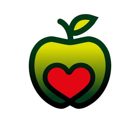 Linear drawing of an green apple with red heart, drawing with continuous line Stock Illustration