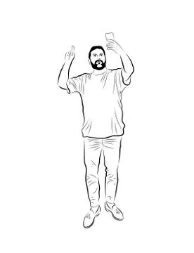 linear drawing of a man with a phone. Stock Illustration