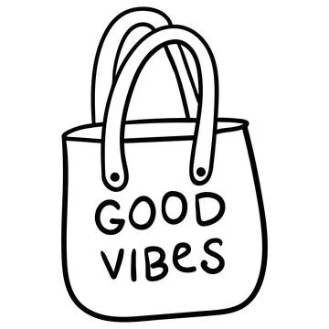 Linear drawing of a tote bag shopper with "Good Vibes" text in doodle style. Stock Illustration