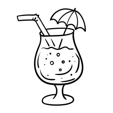Linear drawing of a tropical cocktail with a straw and an umbrella in doodl.. Stock Illustration