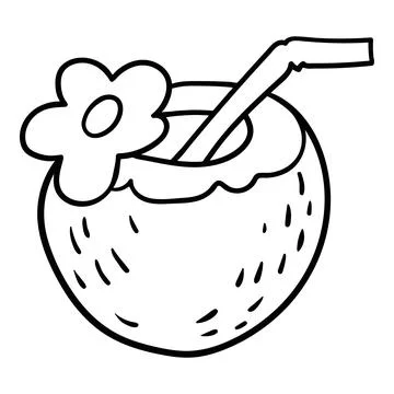 Linear drawing of a tropical coconut cocktail with a straw and a flower in .. Stock Illustration