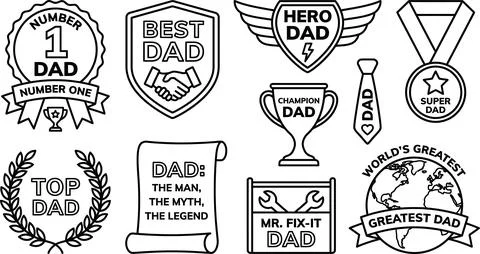 Linear fathers day emblems and award ribbons with various celebratory text. Stock Illustration