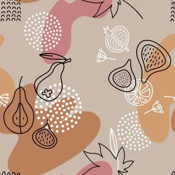 Linear Fig Seamless Pattern in line art style with color spots, geometric sha イラスト素材