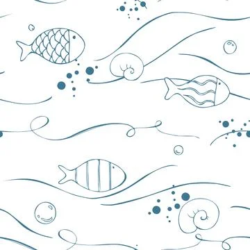 Linear fish, bubbles and flowing currents drawn as delicate outlines on white Illustrazione stock