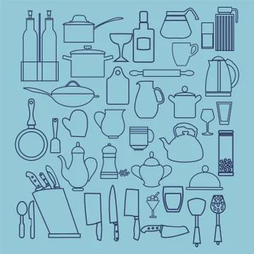 Linear flat design illustration of collection  kitchenware Stock Illustration