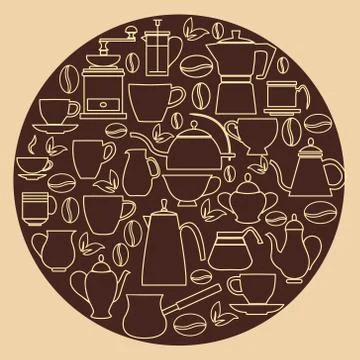 Linear flat design illustration of collection Coffee silhouette Stock Illustration