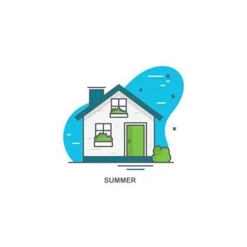 Linear flat illustration of a private house. Logo concept for summer time Illustrazione stock