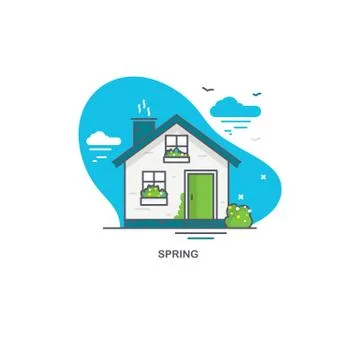 Linear flat illustration of a private house. Spring time logo concept Stock Illustration