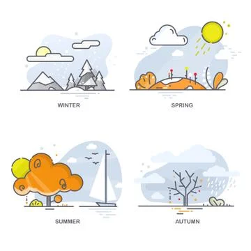 Linear flat illustrations of all seasons. Landscapes on a blue background Stock Illustration