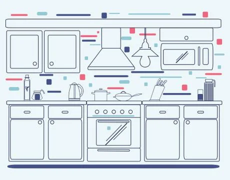 Linear flat interior design illustration of modern designer kitchen interior. Stock Illustration