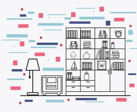 Linear flat interior design illustration of modern designer home library. Stock Illustration