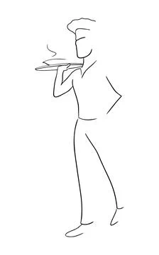 Linear full-length chef or waiter logo with hat and tray. Stock-Illustration