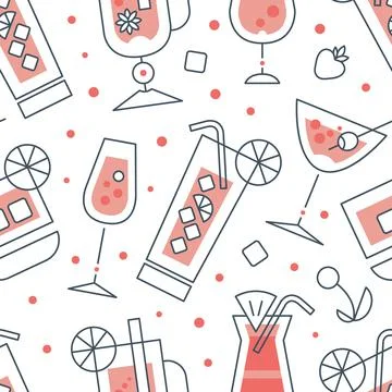 Linear Glasses with Cocktail in Pink Vector Seamless Pattern Template Illustrazione stock
