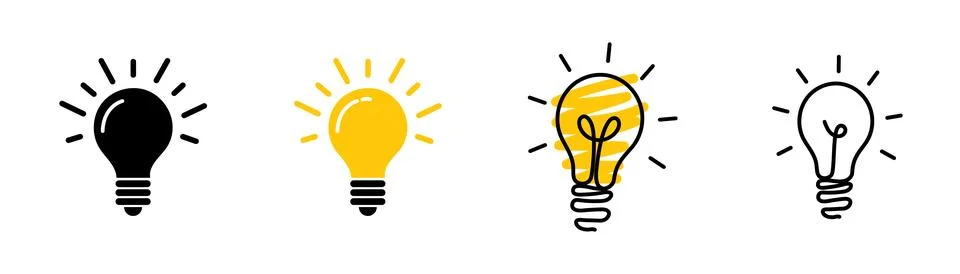 Linear Glowing light bulb on white background. Set icon in Doodle style. Ve.. Stock Illustration