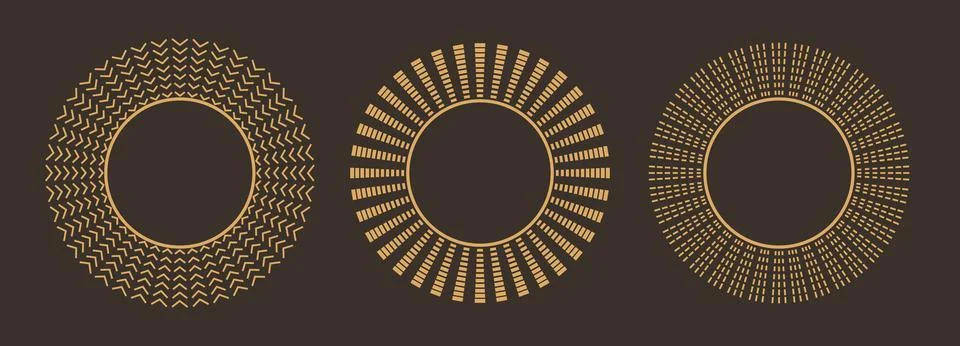 Linear gold elegant frames, round mirror shapes. Thin ornamental line rays Stock Illustration