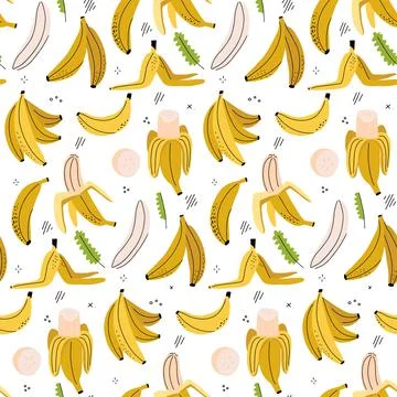 Linear hand drawn bananas seamless pattern. Tropical food vegetarian organic Stock Illustration