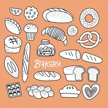 Linear hand drawn different bread set on beige background. Doodle flour products Stock Illustration