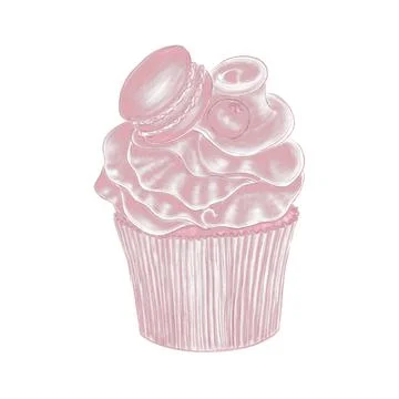 Linear hatched illustration, shiny line, cupcake with French macaroon cookies Stock Illustration